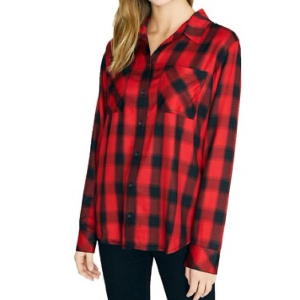 Sanctuary On Fire New Generation Plaid Boyfriend Shirt Medium Red Black Plaid